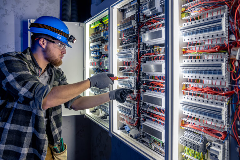 Male electrician working in switchboard with electrical connecting cable. Young adult electrical engineer in special clothes with flashlight on helmet in dark room with emergency lights in background. SSUCv3H4sIAAAAAAAAA41Py46DMAz8F59BSgBtWX6l2kNIDEQNBCVOqwrx7+sA1V43J3vGmccG1kAHsmmEkTdRai1FKSUOZVvJtmxqMVRGDxoVQgFGEUIn67oVX7WoblX7XQt+BfQqWg3dBta5FCkosn6BjpmAi8FwjGgs+WCV420vIJKiFDHyN940a4/MHvtH775lnAOyeUx9Hvbin9hPAWrERb+z/p6DOFSH3Z2px4swzJe3pylHZBGfFgrvU8h5v6receNBuYgFTCpGPjAXwB/XYLVdxqsBF/fzOS+estORh7x+WHNZnaUny2j22SCtziuD5qJTP1uizxrwafH1d73v+y+94WEbsgEAAA==