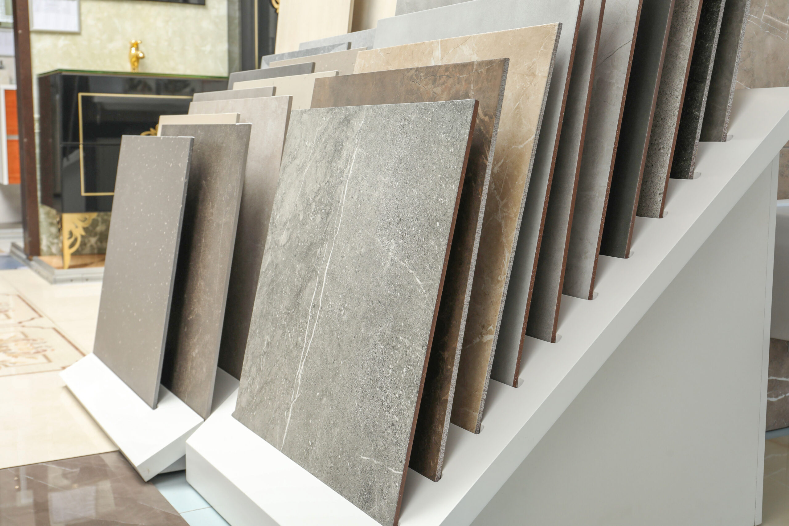 Many different samples of tiles on display in store